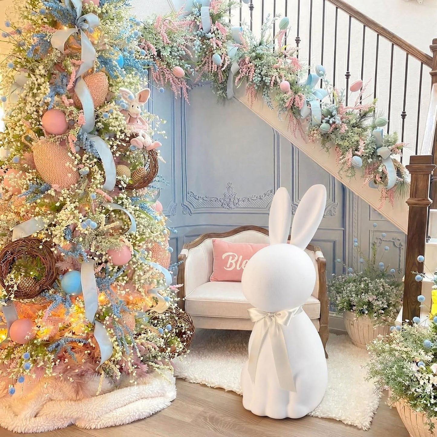 Lineshading White Easter Bunny Figurine - 25" Flocked Standing Rabbit Statue for Porch & Yard Decor