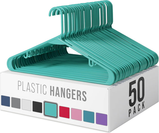 Plastic Hangers 50 Pack - Aqua Clothes Hangers for Space-Saving Closet Organization