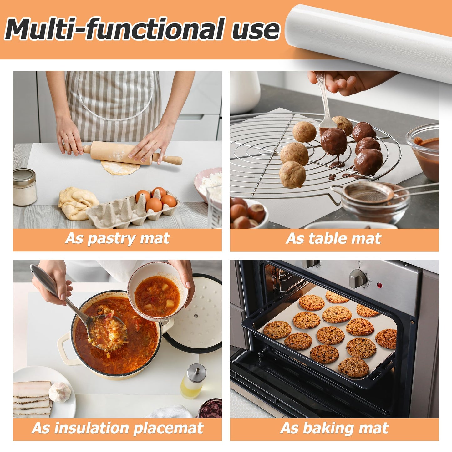 MMmat Silicone Baking Mat Roll, Non-Stick Heat Resistant Food Grade Baking Mats, Non-Slip Reusable Air Fryer Linner, Freeze Dryer Mat, Counter Mat, Oven Liner, Refrigerator Liners - 12IN x 10FT