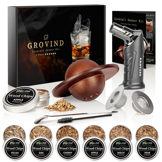 Grovind Whiskey Smoker Kit,Cocktail Smoker Kit with Torch,Bourbon smoker kit,Old Fashioned Smoker kit,Drink Smoker Infuser Kit with Wood Chips,Birthday Whiskey Bourbon Gifts for Men,Dad,Husband