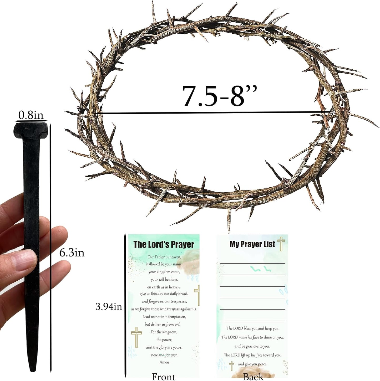 Regine Switzerland Crown of Thorns Set - 5 Pcs with 8'' Jesus Thorn Crown & Crucifix Nails | Easter Christian Decor & Gifts