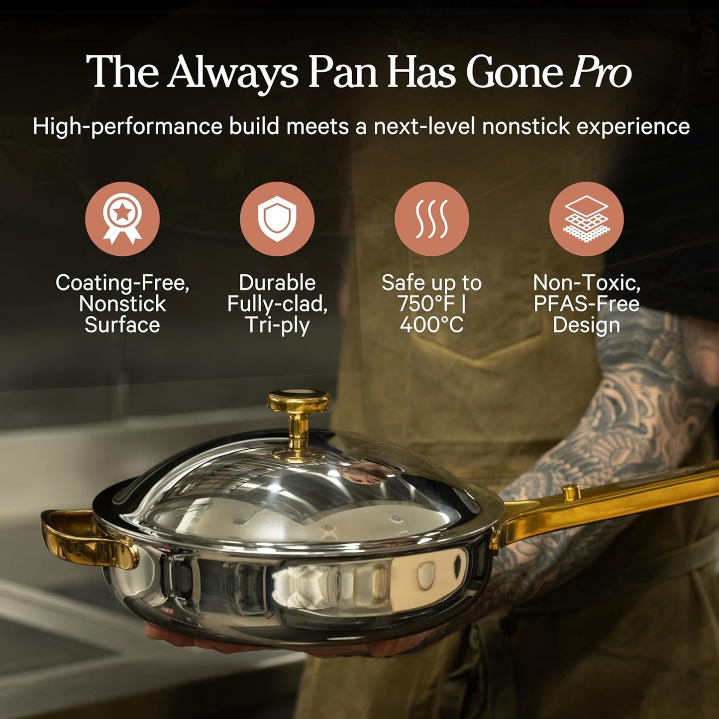 Our Place Titanium Always Pan Pro - 10.6" PFAS-Free Nonstick Frying Pan with Spatula | Chef-Grade Tri-Ply Stainless Steel & Aluminum | Induction & Oven-Safe up to 750°F | Gold