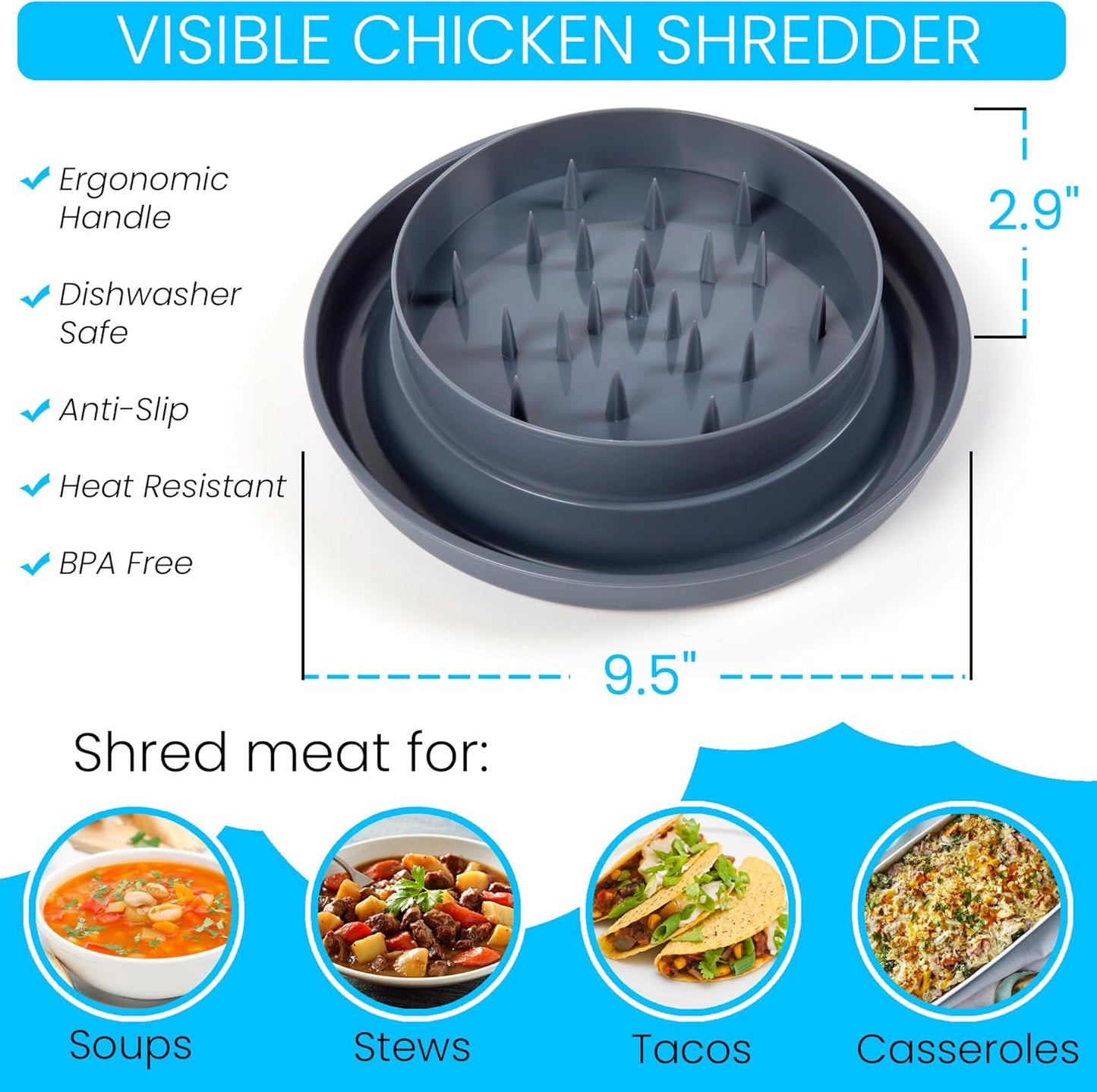 Skiennix Chicken Shredder Tool - Ergonomic Meat Shredder with Lid, Anti-Slip Base, BPA Free, Dishwasher Safe