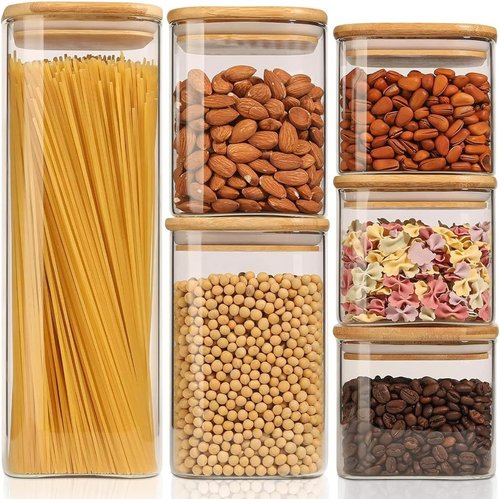 ComSaf Food Storage Containers - Airtight Glass Canister Set of 6 for Kitchen Pantry | Clear Square Jars for Spaghetti, Sugar, Flour, and More