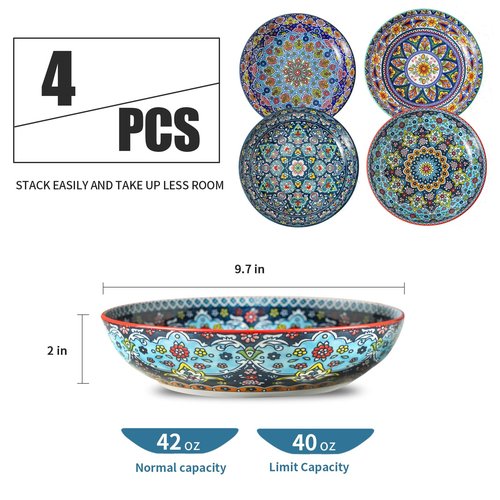 glowworm Pasta Bowls Set of 4, 42 oz Ceramic Salad Bowls for Kitchen, 9.7 Inch Colorful Serving Bowls for Soup, Dinner, Fruit, Dishwasher & Microwave Safe, Bohemian