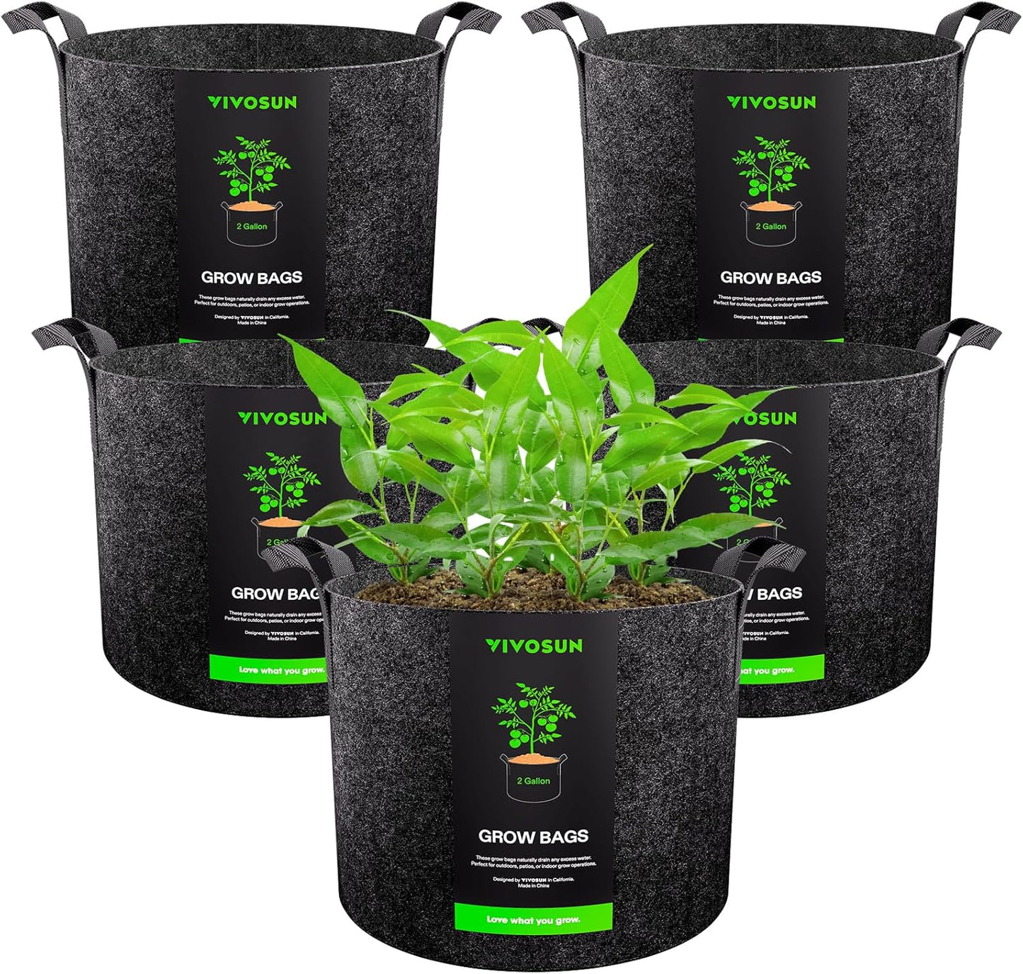 VIVOSUN 2 Gallon Heavy Duty Grow Bags - 5-Pack Nonwoven Fabric Pots with Convenient Handles