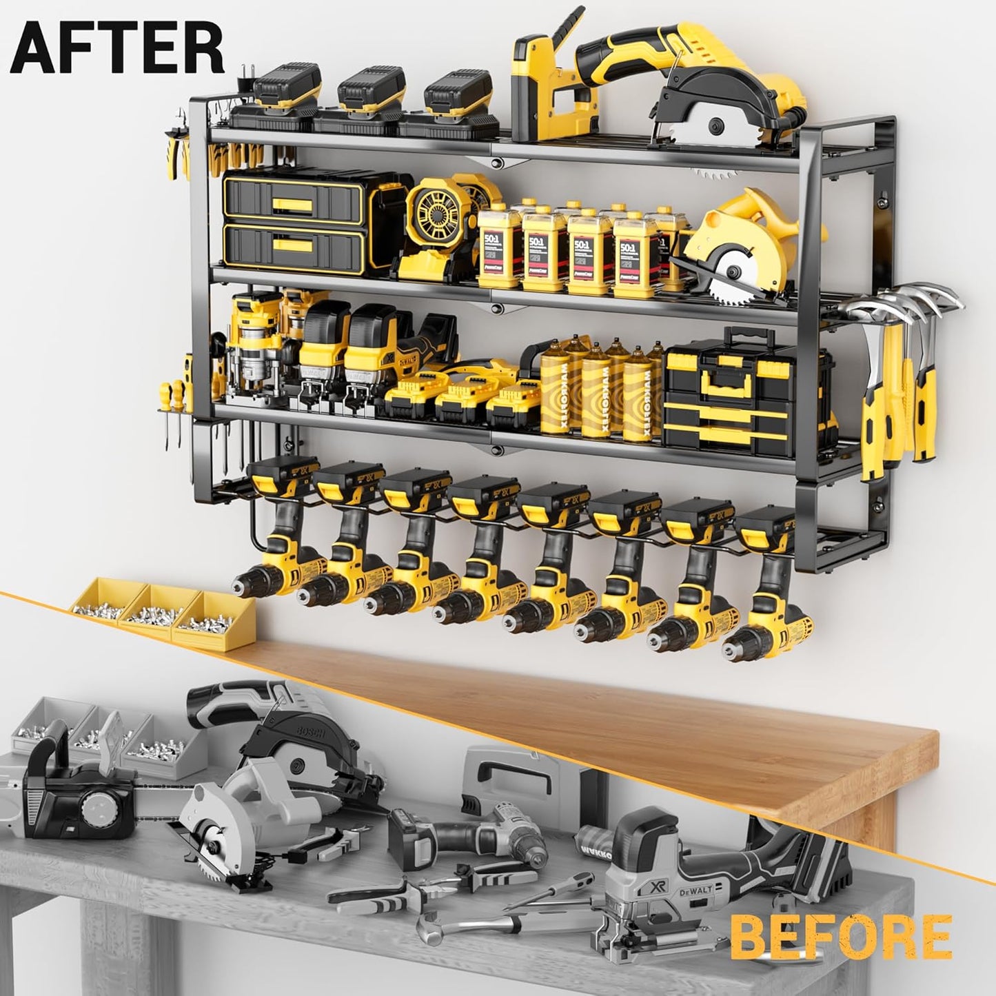 Skiennix Heavy Duty Power Tool Organizer - 4 Layers Wall Mount Rack with 8 Cordless Drill Holders | 400lbs Capacity