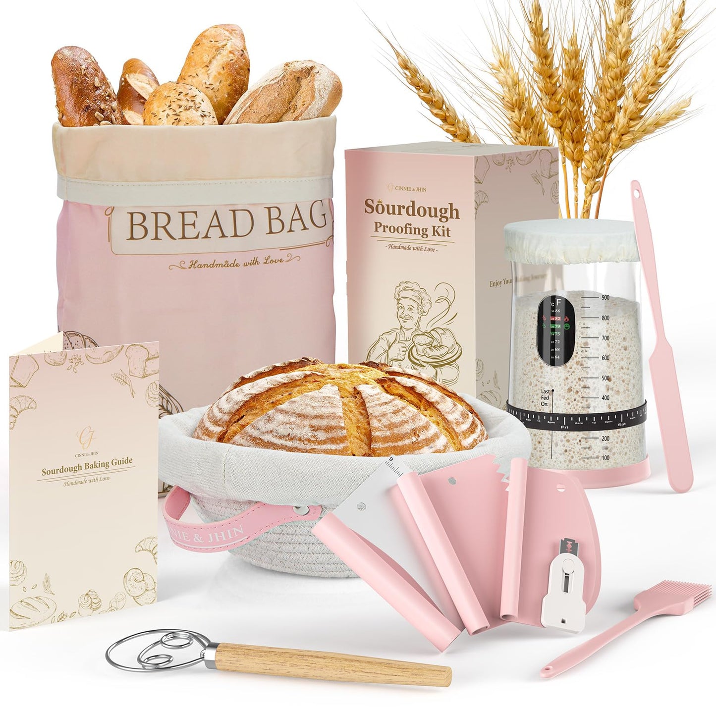 CINNIE&JHIN Pink Sourdough Starter Kit, Complete Baking Tools Set with Proofing Baskets, Pink Design Gifts for Women Bakers - Bread Making Supplies with Jar, Lame, Scraper, Bag & More