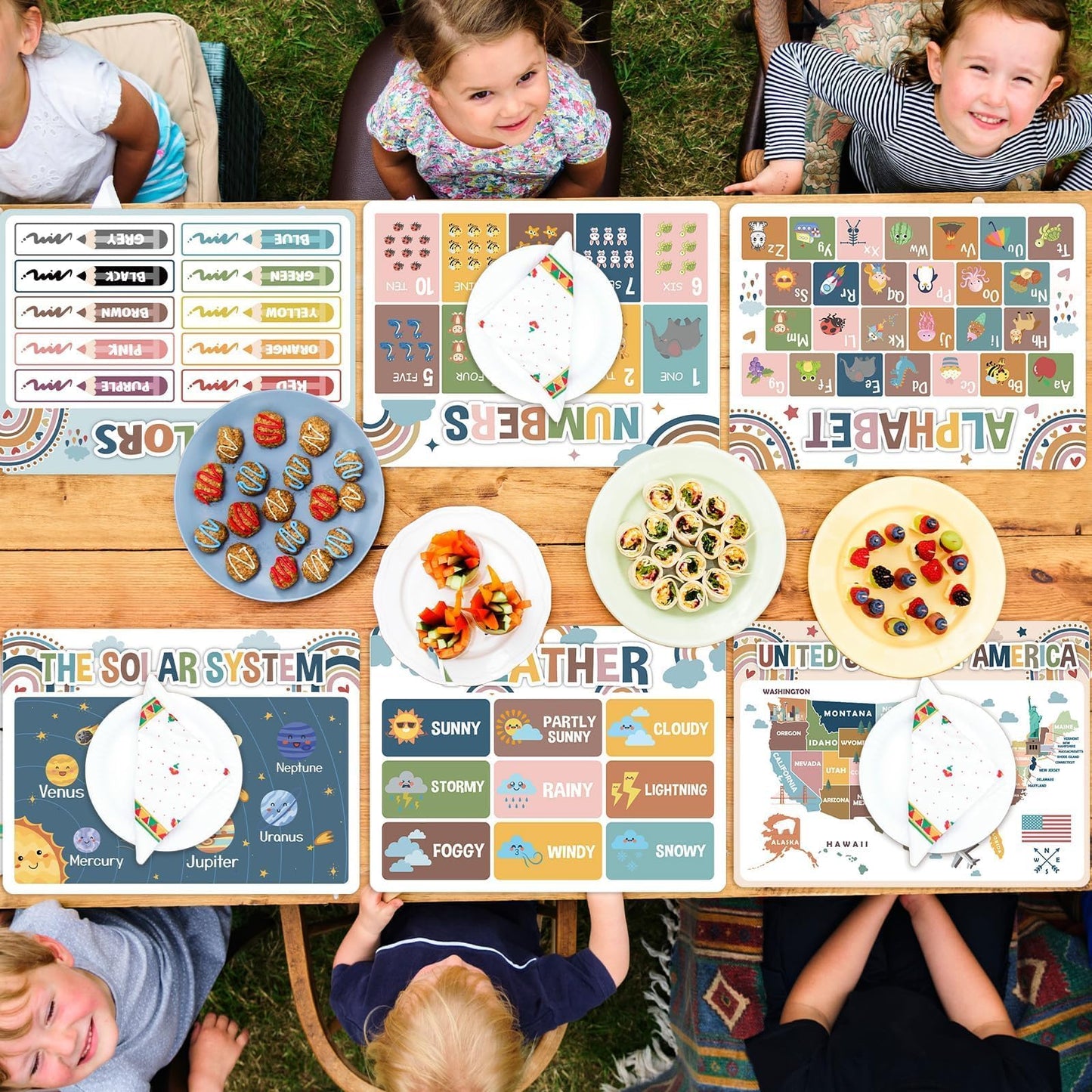Educational Preschool Kids Placemats Set of 6 Boho Plastic Table Mats Toddler Children Montessori Place Mats for Kids Washable Holiday Desk Decoration for Indoor Outdoor Party Kitchen Dining Table