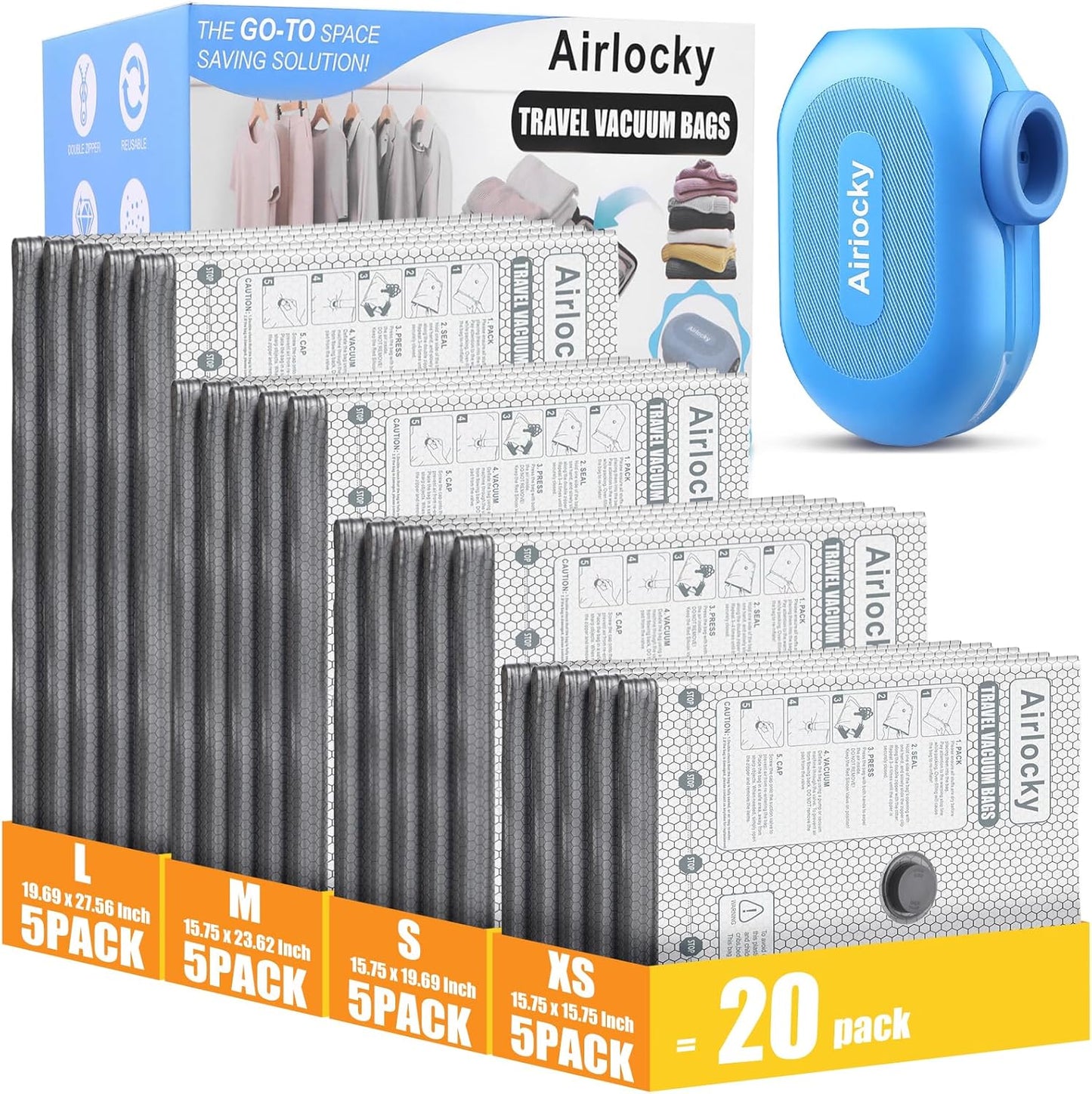 Travel Vacuum Storage Bags - 20 Pack Compression Packing Bags with Portable Electric Pump | 80% Space Saver