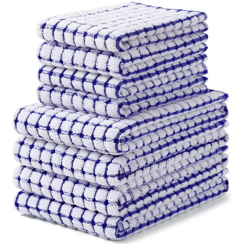 Homaxy Kitchen Towels and Dishcloths Set, 16 x 25 and 12 x 12 Inches, Set of 8 Cotton Terry Kitchen Dish Towels, Super Soft and Absorbent Dish Cloths, Blue