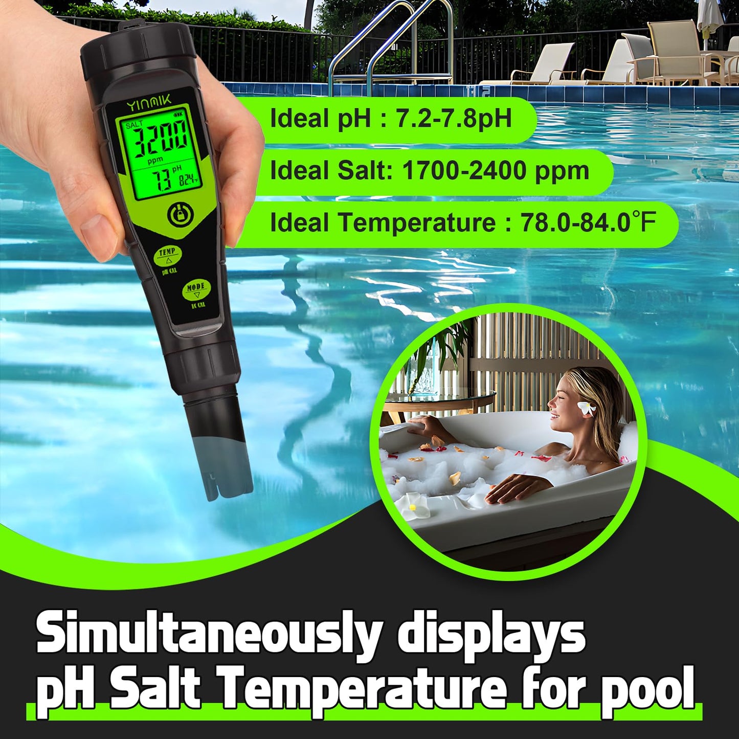 Pool Salt Tester, Digital 5 in 1 pH TDS EC Salinity Meter with Calibration Solution Kit, Simultaneous Display ppm pH for Saltwater Pool, Aquarium, Hot Tub, Spa, Hydroponics, Home Brew&Pickling