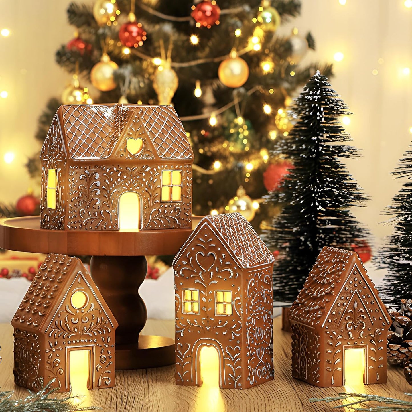 Thyle Christmas Gingerbread House Decoration - 4 Pcs LED Lighted Resin Village Figurines for Holiday Decor