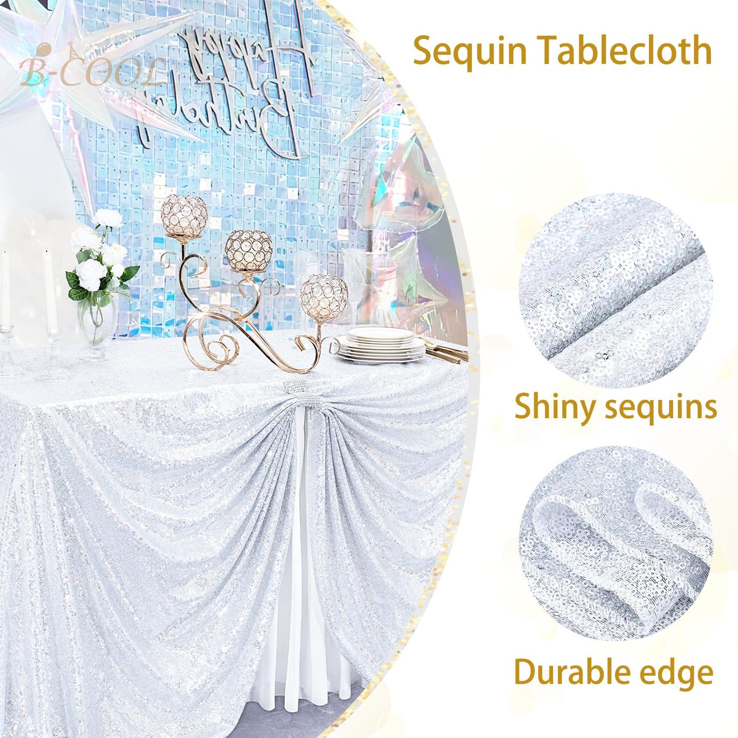 B-COOL Silver Sequin Tablecloth Fabric Parties: Laser Glitter Birthday Table Cloth Sparkly Iridescent Shimmer Rectangle 90x156 Inches Cloths Decorations for Party Supplies Event Wedding Decor