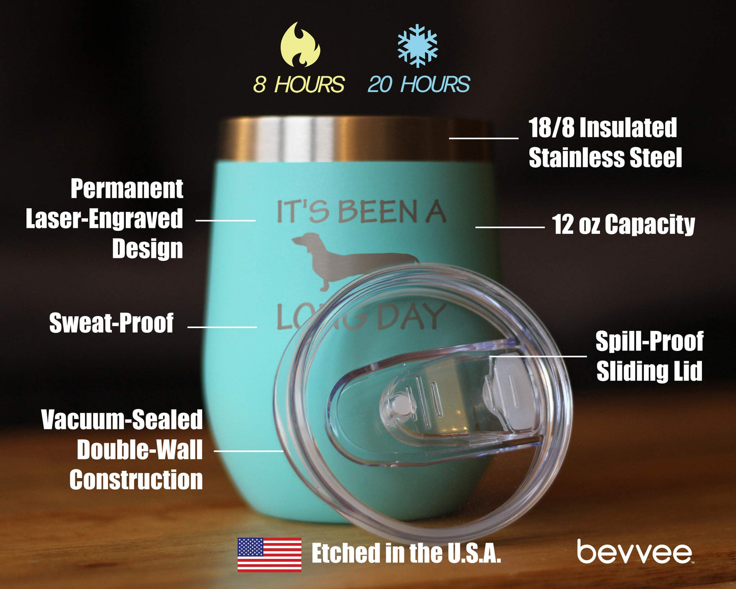 Bevvee Been a Long Day - Dachshund Wine Tumbler with Sliding Lid - Stemless Stainless Steel Insulated Cup - Cute Funny Mug for Coworkers or Boss - Teal