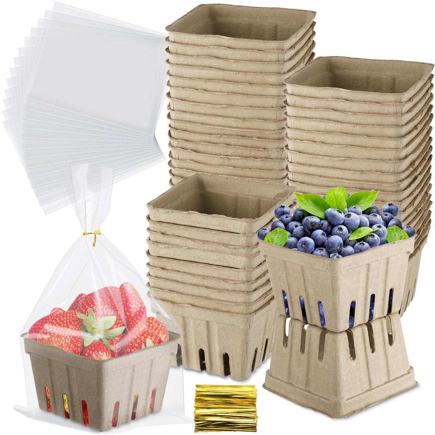 Amyhill 100 Pack Pulp Fiber Basket Set Include 100 Strawberry Berry Basket Small Vented, 100 Clear Packaging Bags, 100 Tie Strips for Kitchen Market Fruit Vegetable Produce Storage(Green)