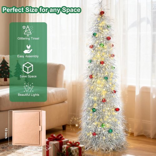 BrilliantJo 6ft Artificial Christmas Tree - Lighted & Ornamented | Collapsible Tinsel Design for Holiday Decor