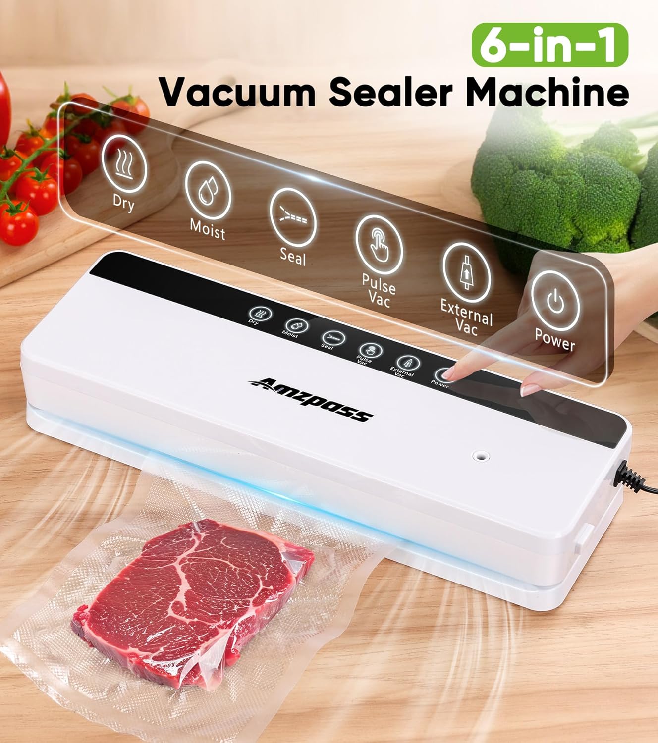 Skiennix Vacuum Sealer - 6-in-1 Food Preservation Machine with 80kPa Suction Power | Compact Design, 10 Bags Included, White