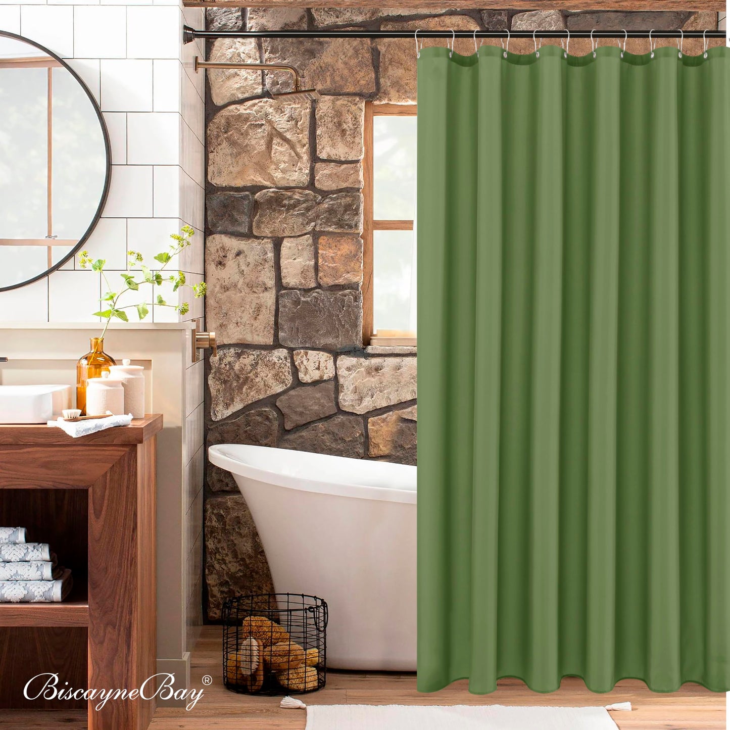 Biscaynebay Hotel Quality Fabric Shower Curtain Liners 72 Inch by 72 Inch, Sage Water Resistant Bathroom Curtains Rust Resistant Grommets & Weighted Bottom Hem Machine Washable
