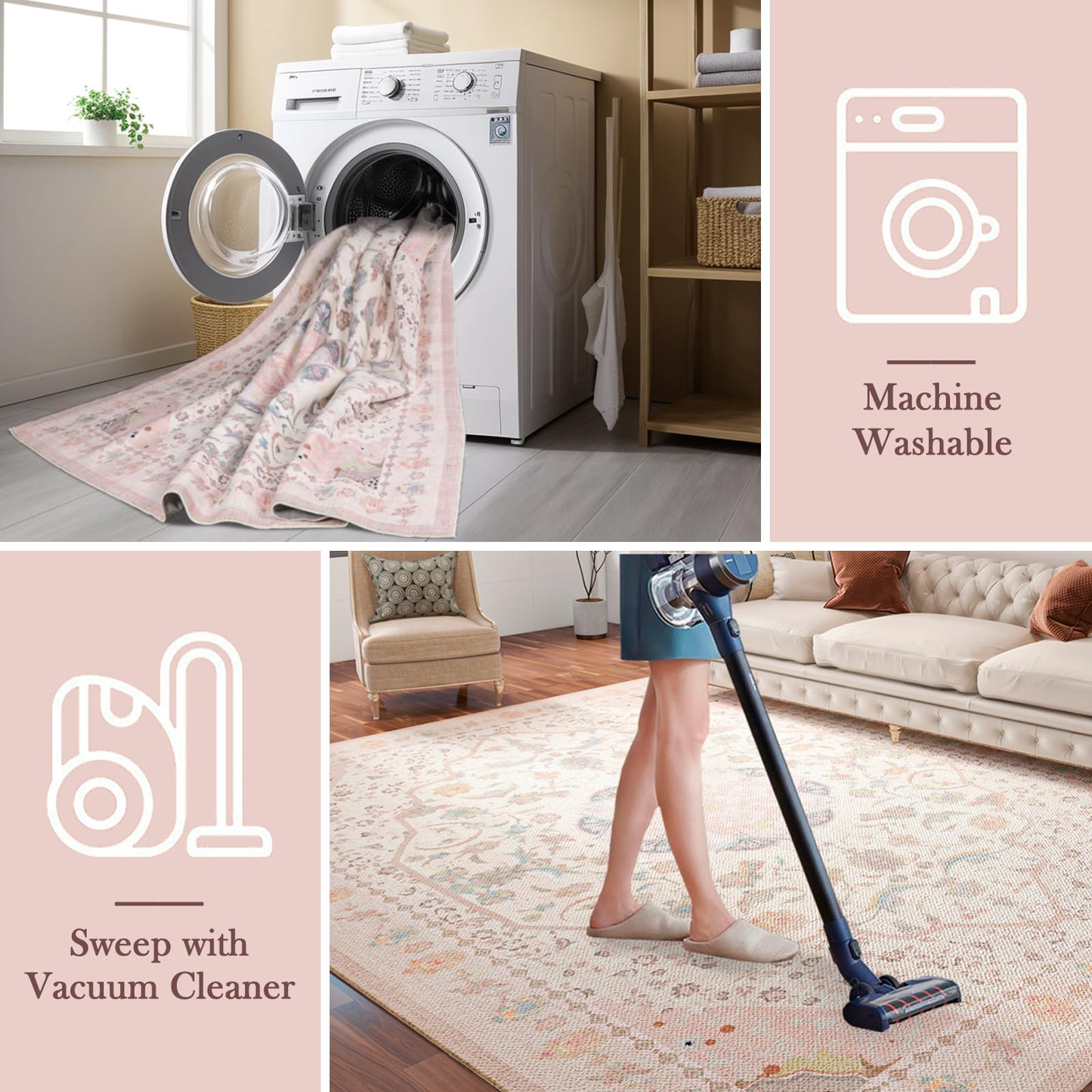 auruge Area Rug - Vintage 3x5 Non-Slip Backing Area Rugs Light Pink Soft Faux Wool Carpet Foldable & Machine Washable Rugs for Living Room Bedroom Dining Room Nursery Home Office