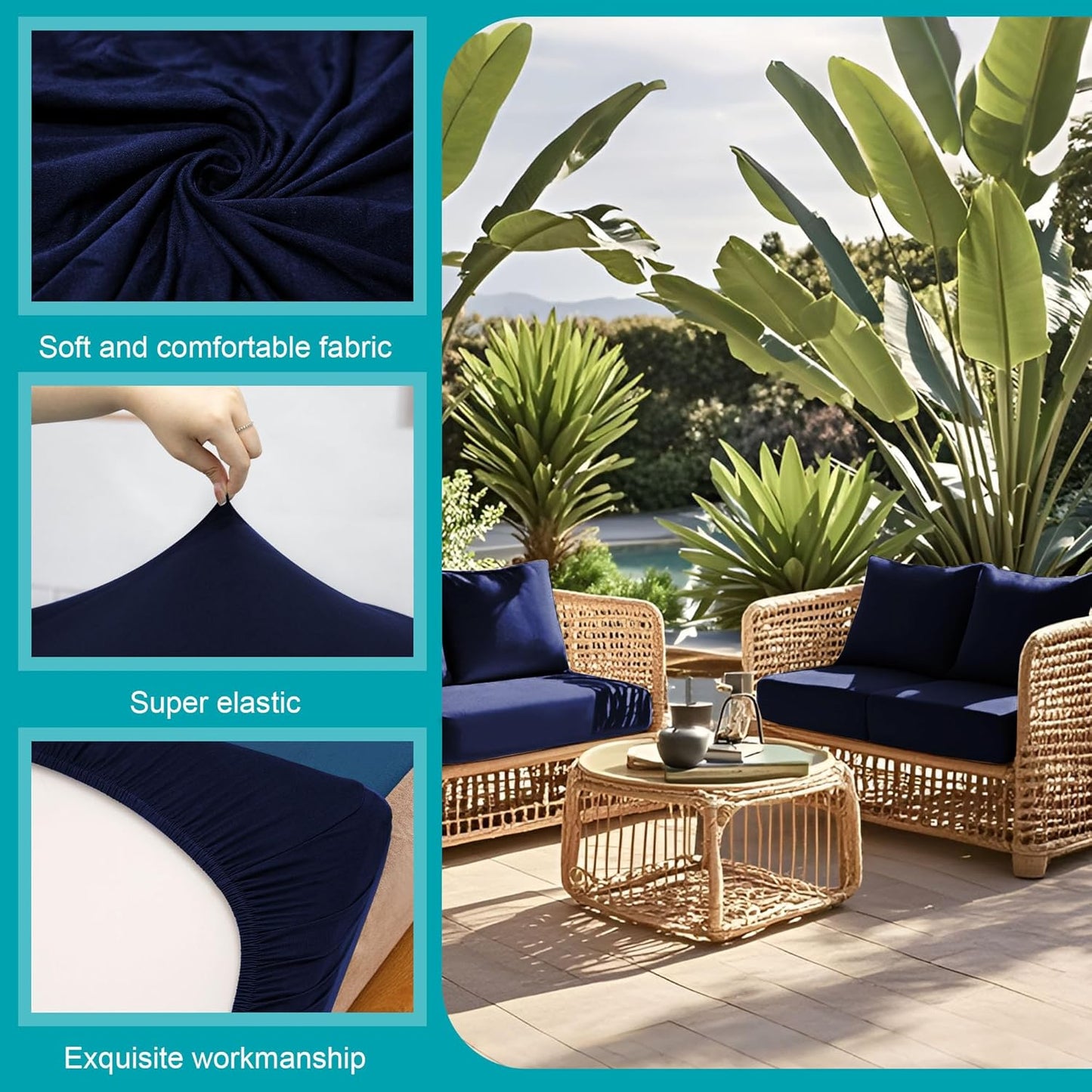 Skiennix 12 Pcs Stretch Patio Cushion Covers - Washable Outdoor Sofa Slipcovers | Navy Blue