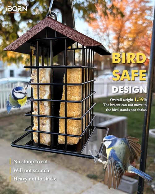 iBorn Suet Bird Feeder - Weatherproof Metal Roof & Squirrel Proof Hanger - 1 Pack, Coffee Color