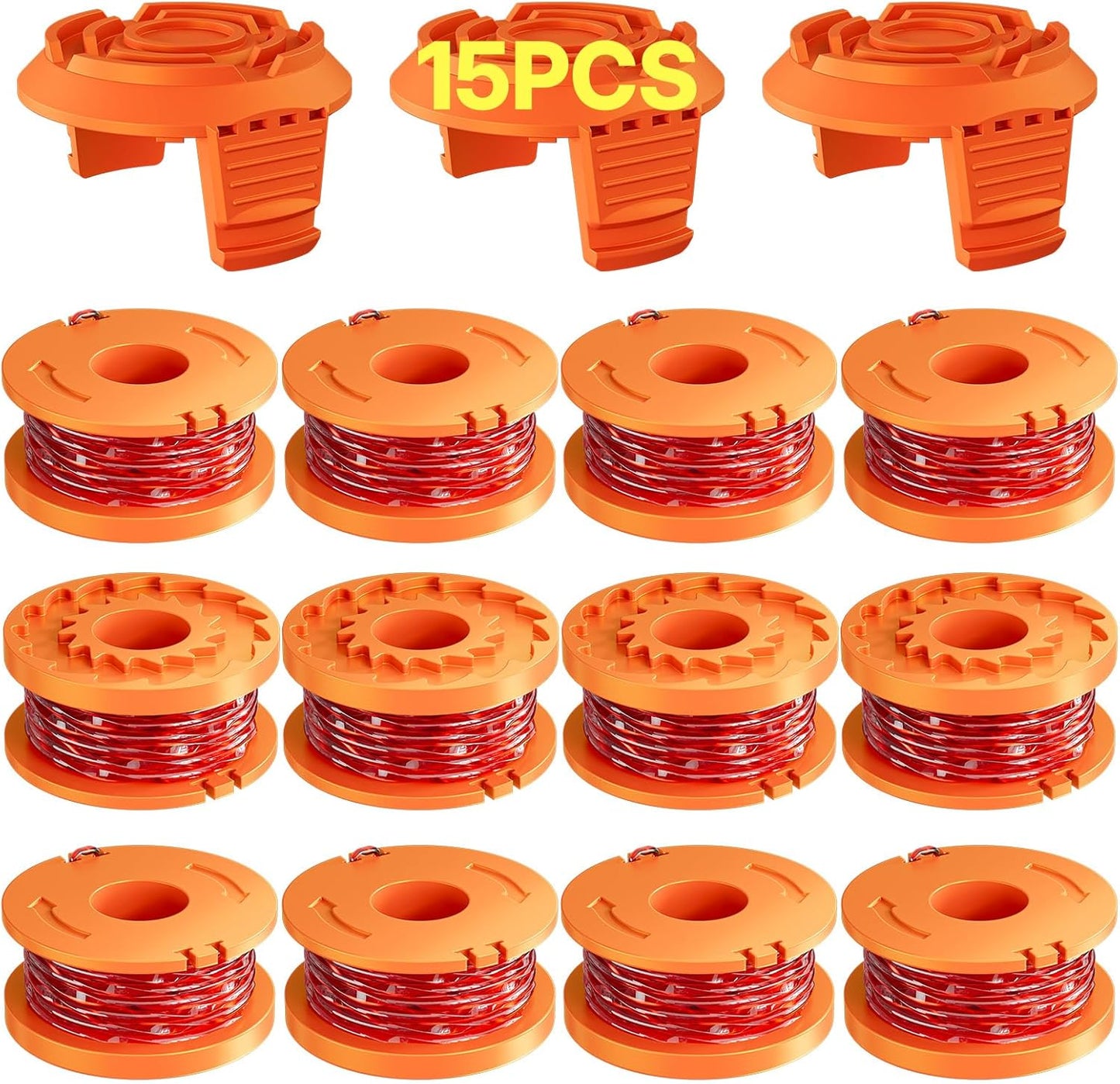 Worx Replacement Trimmer Line Spool - 15 Pack 0.065 Inch Refills & Caps for Weed Eater