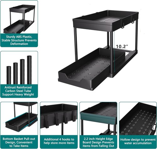 DEKAVA Under Sink Organizer - 2 Pack Bathroom Cabinet Storage Baskets | Multi-Purpose Black Design