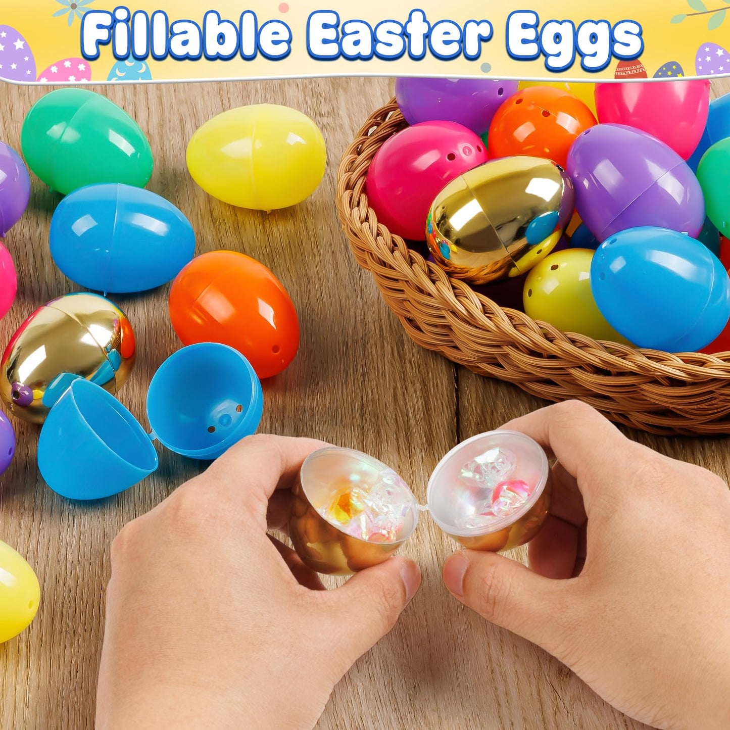 Birebebys 50 PCS 2.4"" Plastic Easter Eggs, 42 Pcs Empty Easter Eggs with 8 Golden Eggs, Fillable Egg with Hinge for Easter Hunt, Basket Stuffers, Classroom Prizes, Party Favors Supplies