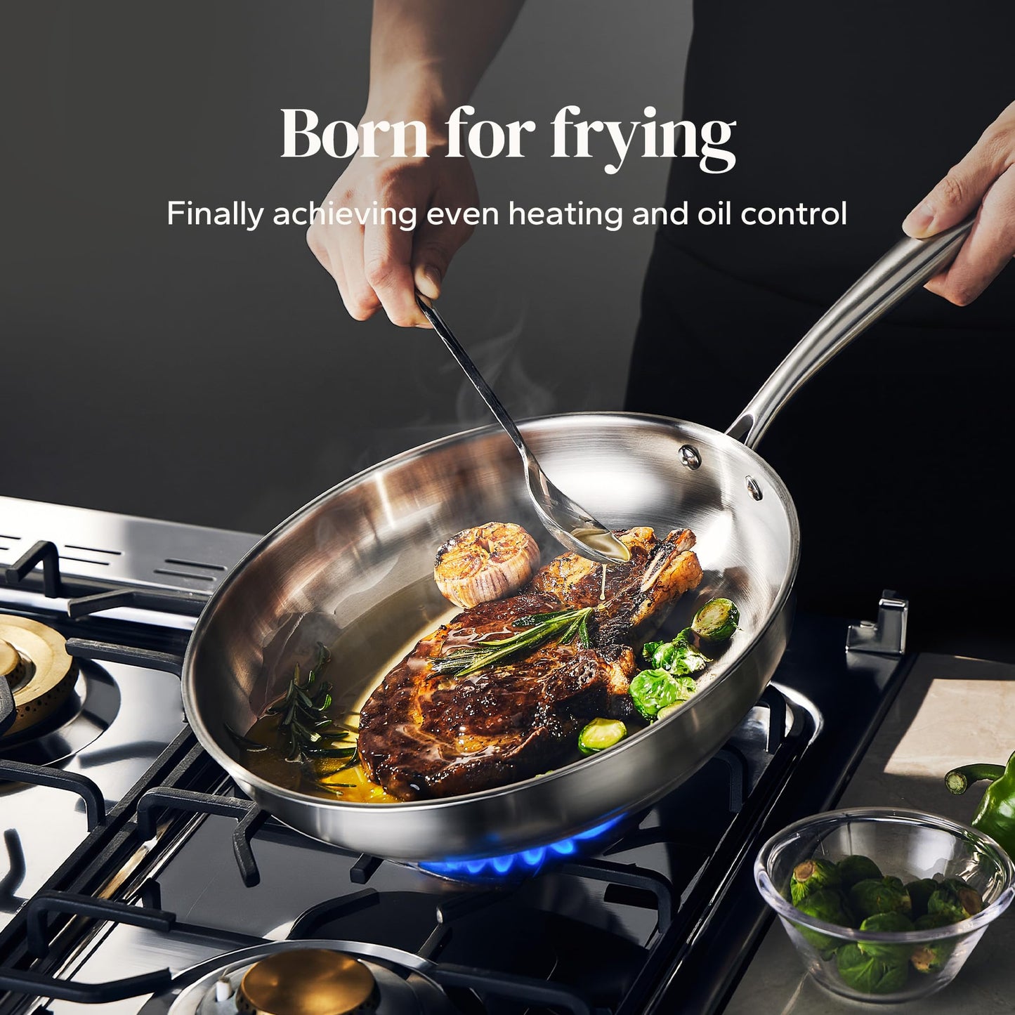 Redchef Stainless Steel Frying Pan Set, Induction Kitchen Cookware Set, Non-Toxic Uncoated Skillets for Searing & Cooking, Oven Safe Stainless Steel Cookware Set, 3-Piece (8", 9.5", 11")