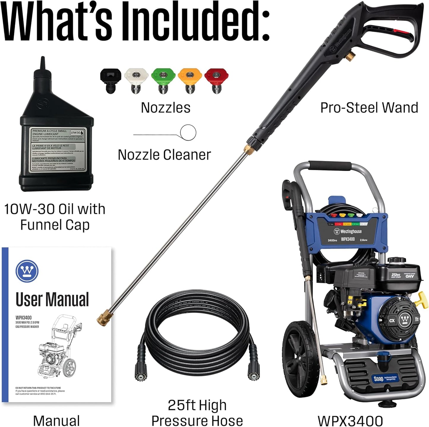 Westinghouse WPX3400 Gas Pressure Washer - 3400 PSI, 2.6 GPM, Onboard Soap Tank & 5 Nozzle Set