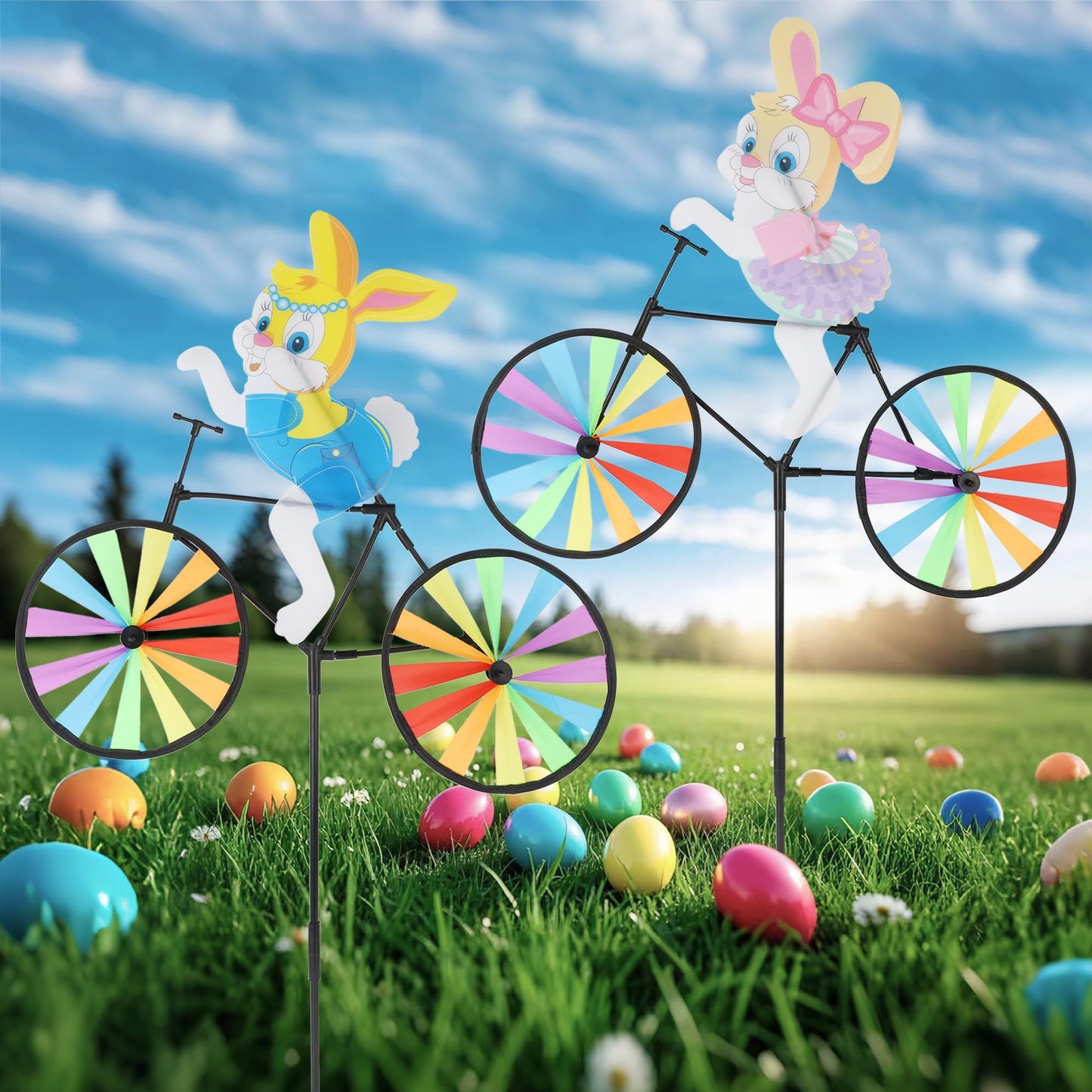 winemana Easter Decorations Outdoor- 2 Pcs Easter Pinwheels Decor for Yard, 36.5" Windmills Bunny Garden Stakes & Wind Spinner for Kids
