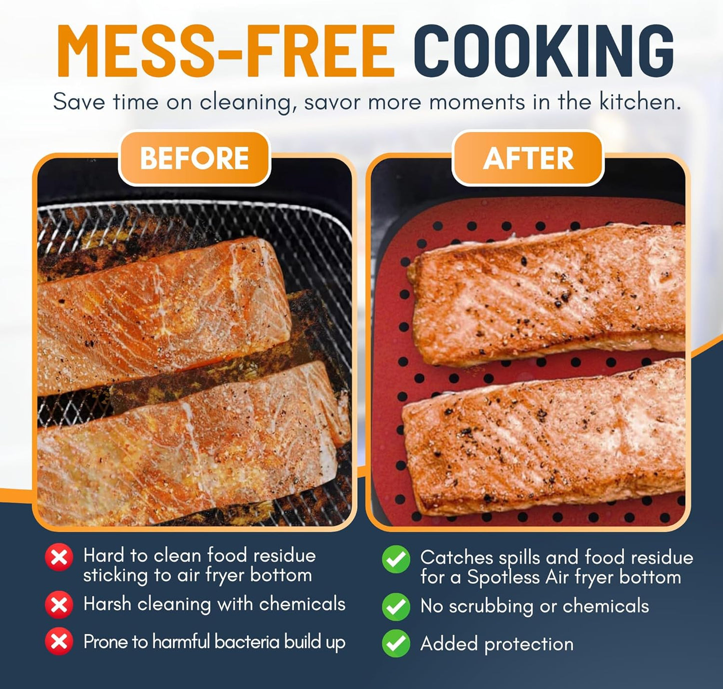 Linda’s Essentials Reusable Square Silicone Air Fryer Liners - Non-Stick, Easy-Clean | 8.5 Inch, 3 Pack with Cheat Sheet & Recipe Book