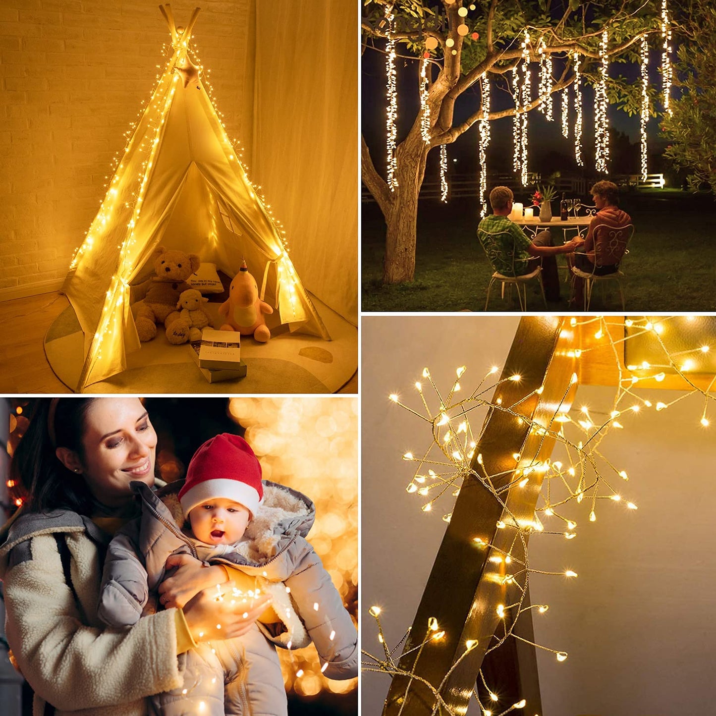 Minetom Fairy Lights Plug in, 10Feet 200LED Cluster String Lights, Copper Wire Waterproof Starry Firecracker Lights for Ceiling Bedroom Wreath Window Wedding Christmas Tree Decorations, Warm White