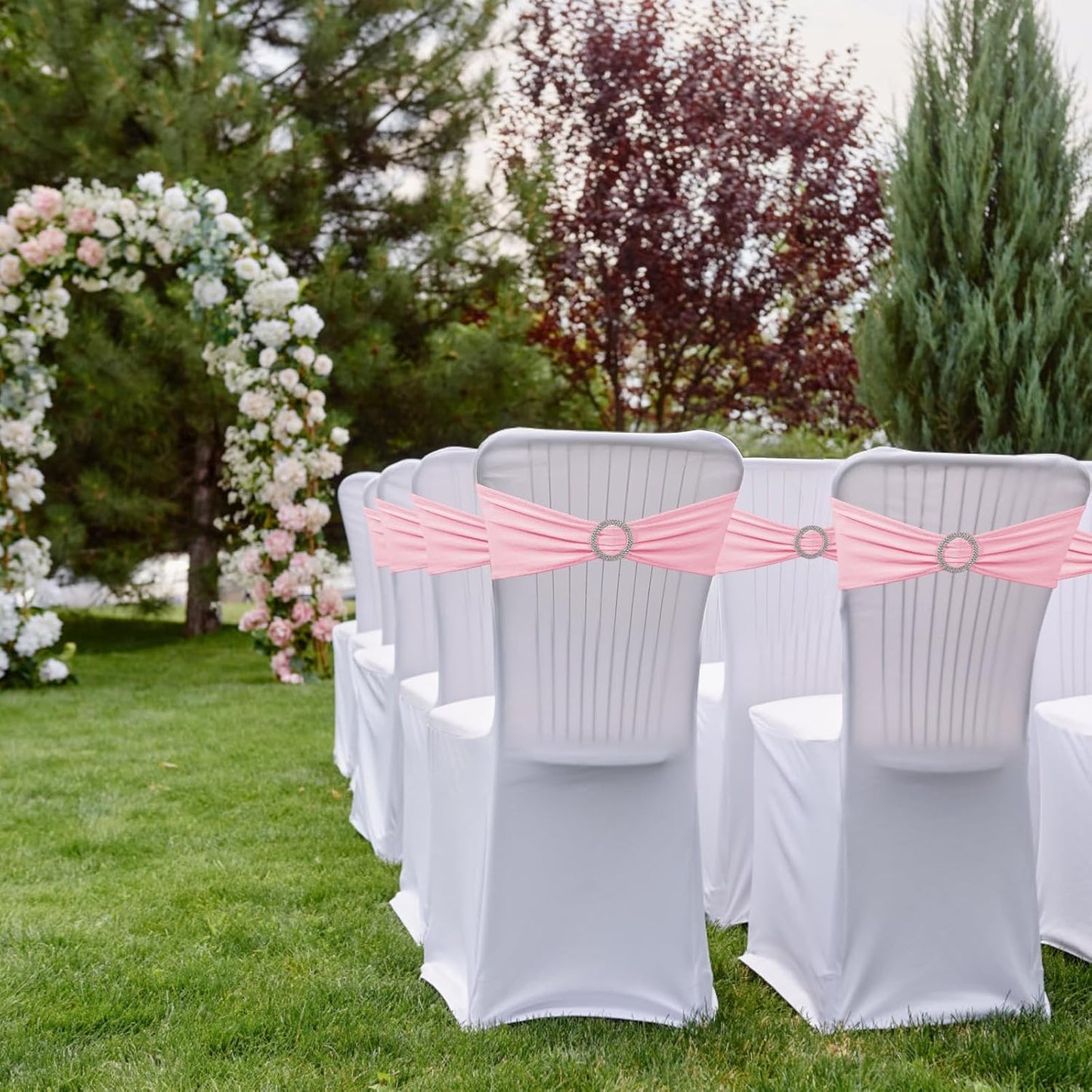 Skiennix Spandex Stretch Chair Sashes - 150 Pack Elastic Covers with Buckle Slider for Weddings & Events | Pink