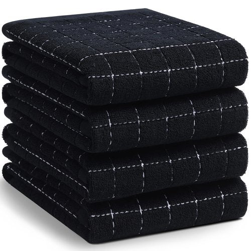 Homaxy 100% Cotton Terry Kitchen Towels(Black, 20 x 28 inches), Checkered Designed, Soft and Super Absorbent Dish Towels, Large 4 Pack