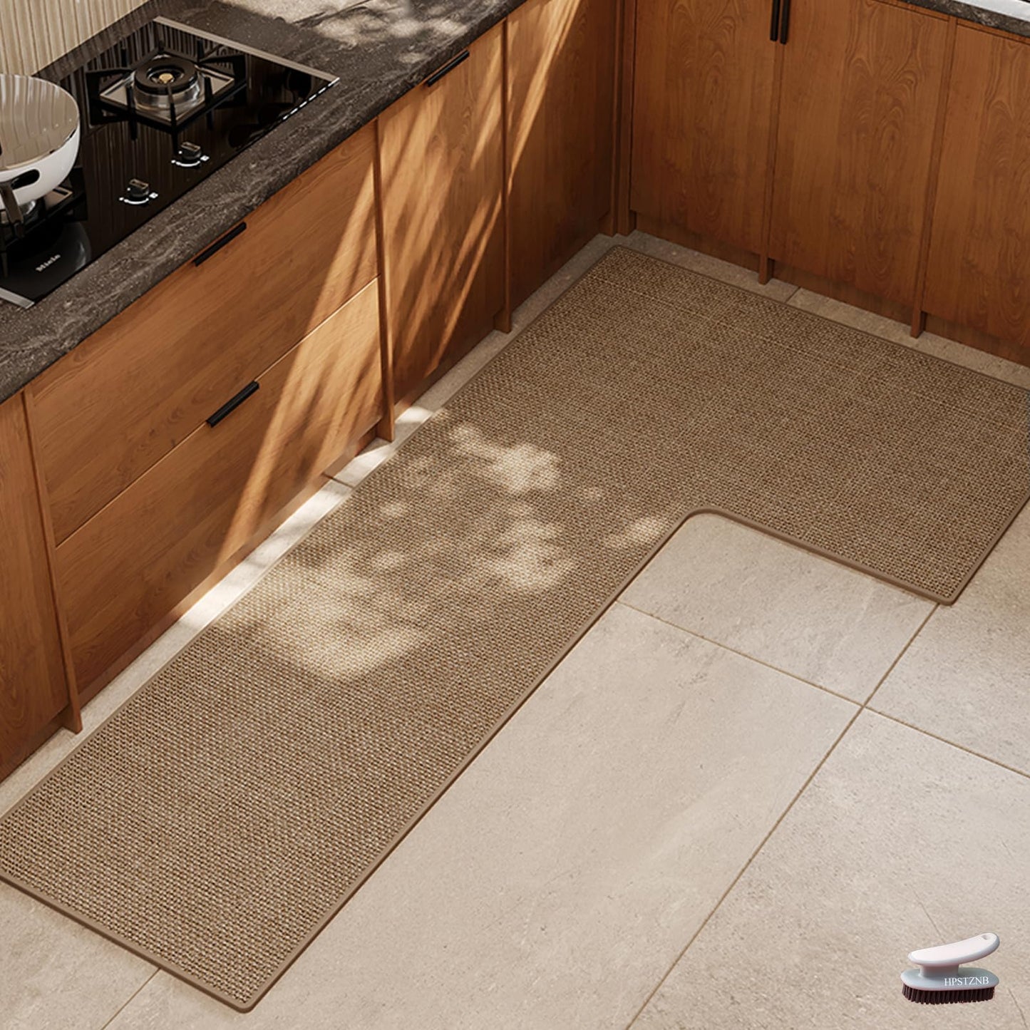L Shaped Rug Corner Kitchen Rugs Non Slip Washable Mat, L-Shaped Rug Super Absorbent Corner Kitchen Mats Rubber Waterproof Corners Area Runner Kitchen Sink Floor Mat (Khaki Left-L, 31.5″X47.2″X17.7″)