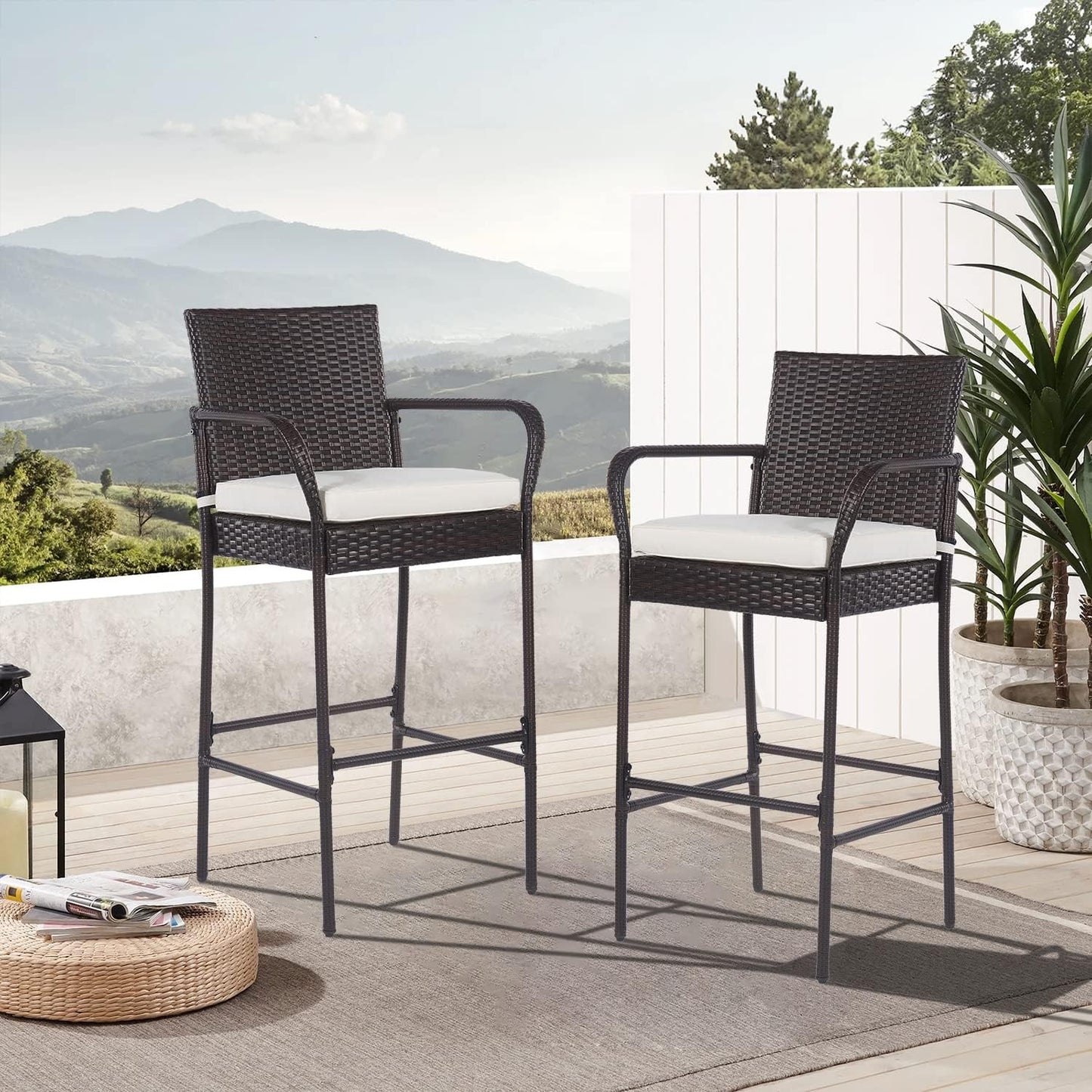PayLessHere Patio Bar Stools Set of 2 - All-Weather Wicker Rattan Chairs with Footrest & Khaki Cushions