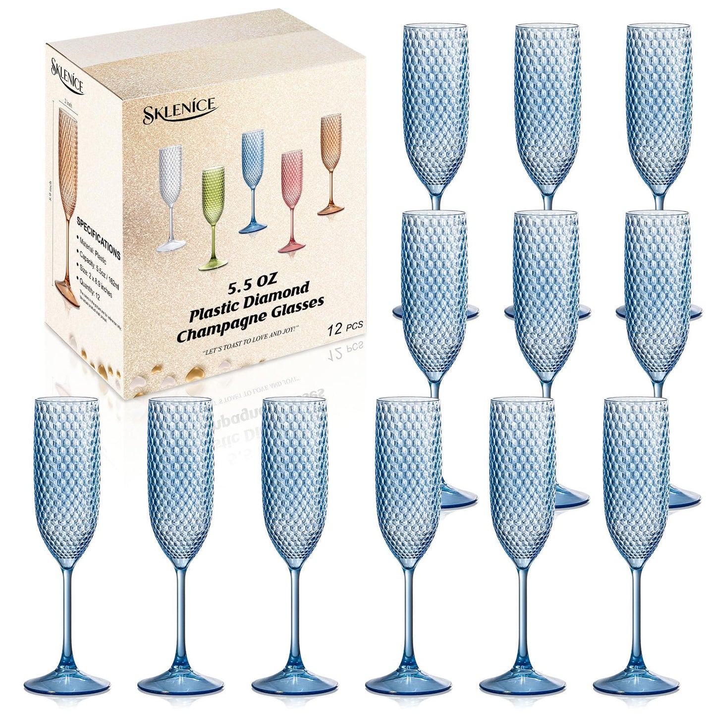 12 Pack Plastic Champagne Flutes Vintage Light Blue Goblet Champagne Glasses Unbreakable Wedding Toasting Glasses Diamond Wine Glasses Crystal Wine Cups Clear Drinking Glasses 5.5 OZ for Bridal Shower