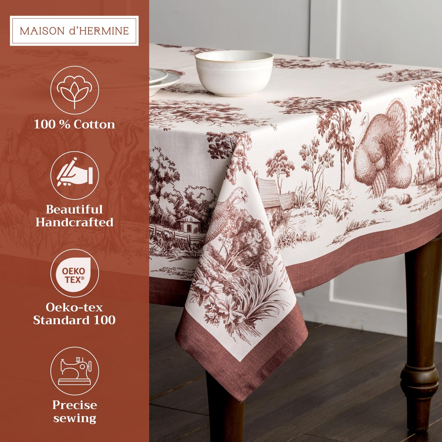 Maison d' Hermine Table Cloth Square Table 100% Cotton 60 x 60 Inches Fall Tablecloth Reusable Everyday Use for Thanksgiving Christmas Decorations Dining Farmhouse Party (Holy Jouy - Brown)