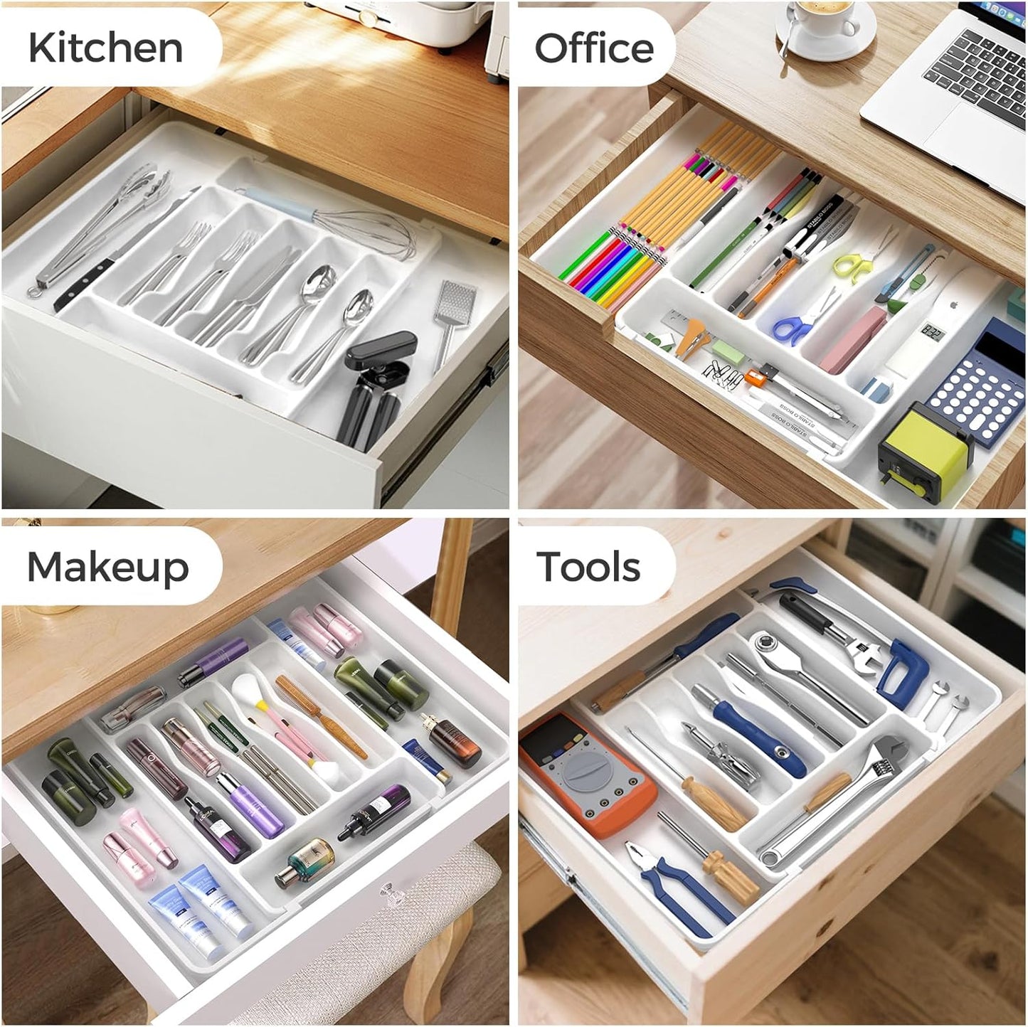Ukeetap Extra Large Silverware Organizer - BPA-Free Adjustable Cutlery Holder for Kitchen Drawers | White