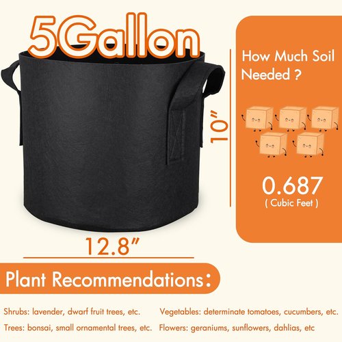 Gardzen 5 Gallon Grow Bags - 10-Pack Heavy Duty Fabric with Handles for Optimal Aeration