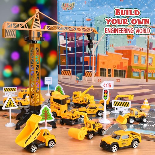 Advent Calendar Alloy Construction Vehicle Toy Set - 2 Mats Included | Perfect Christmas Gift for Boys 3-8 Years (Yellow)