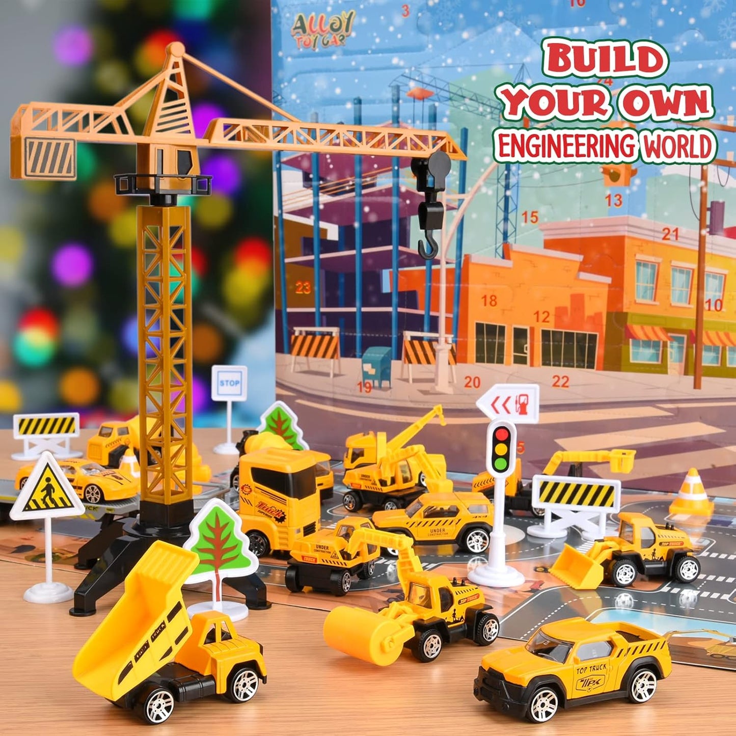 Advent Calendar - Alloy Construction Engineering Vehicle Toy Set with 2 Mats | Christmas Gifts for Boys Ages 3-8 (Yellow)