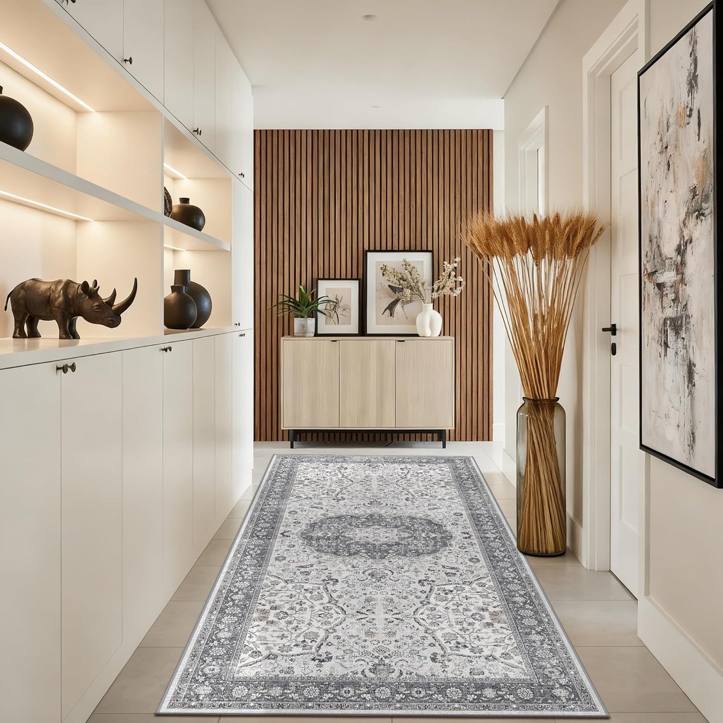 Regine Switzerland Washable Runner Rug - Stain Resistant Oriental Design | 4x8 Feet, Grey for Entryway & Kitchen