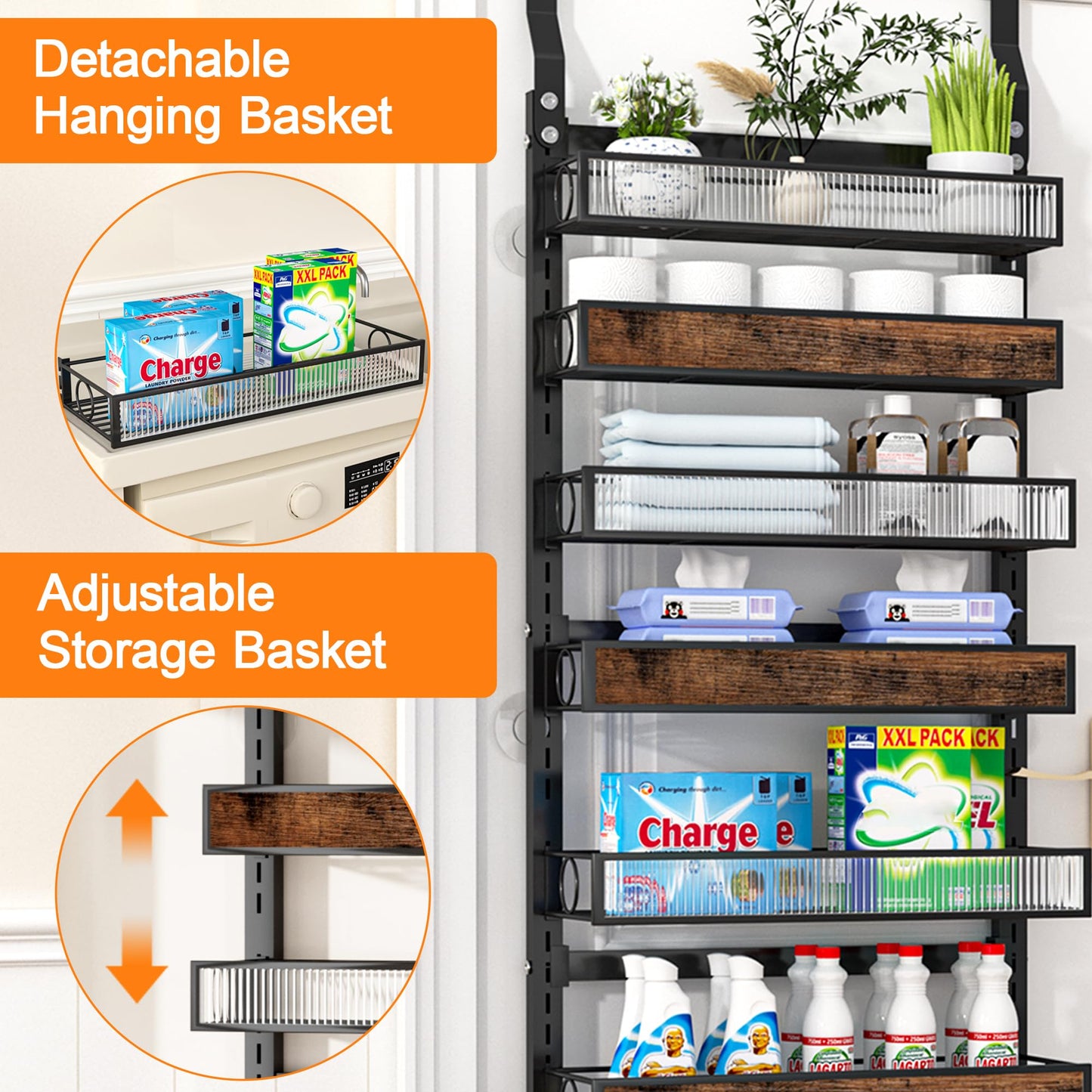 6 Tier Pantry Door Organizer Spice Rack, 2-IN-1 Wall Mount or Hanging Over Door Seasoning Organizer with Adjustable Baskets, Heavy Duty Behind Door Storage Shelves for Pantry, Cabinet and Kitchen