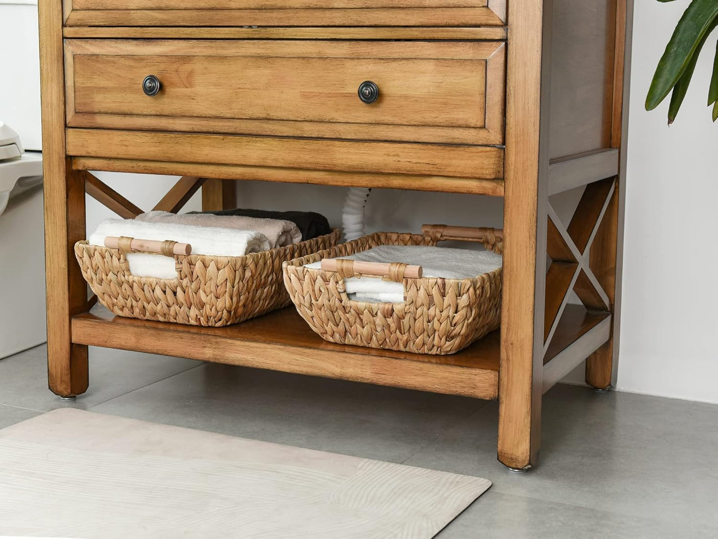 StorageWorks Hand-Woven Storage Baskets - Durable Water Hyacinth Wicker with Wooden Handles | 2 Pack