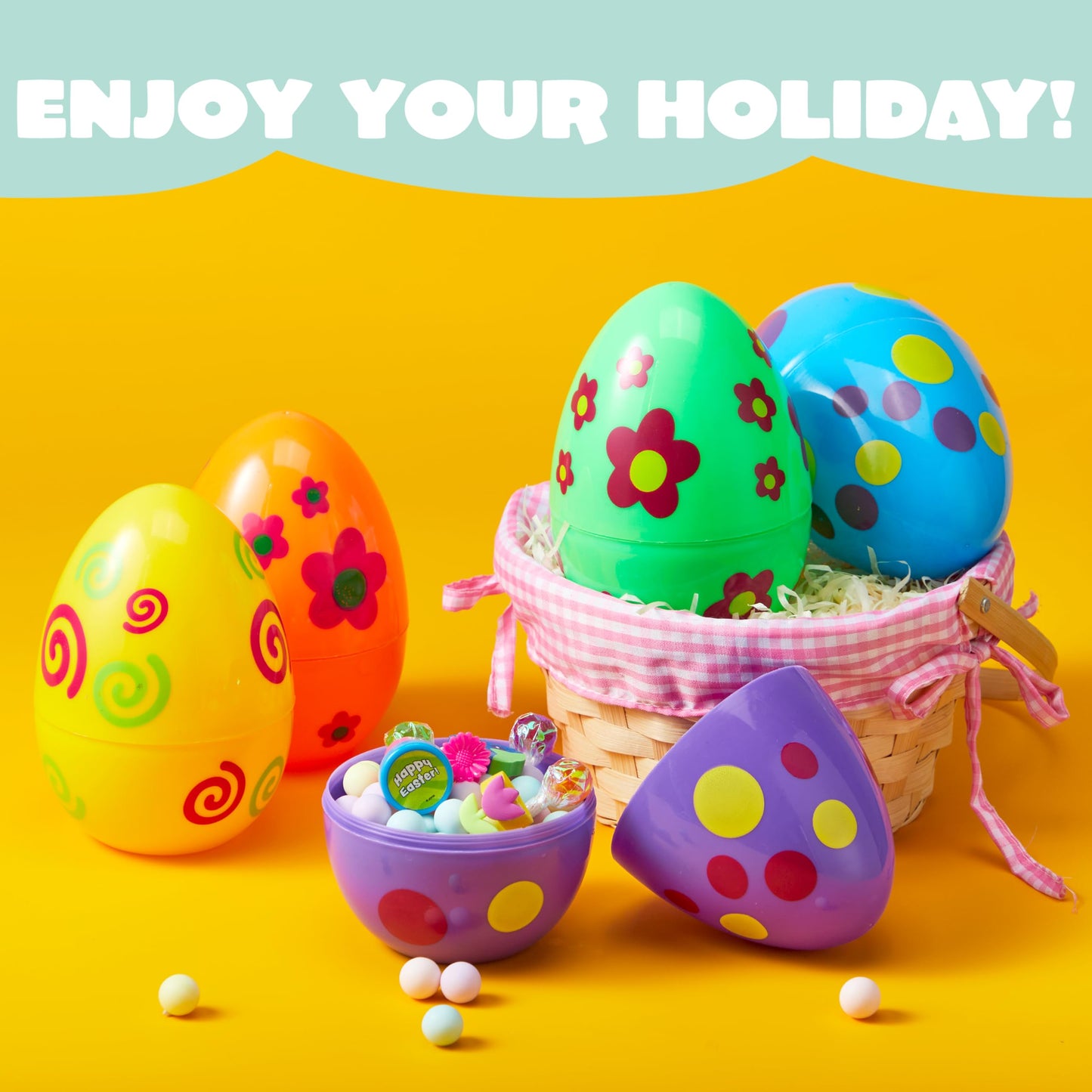 JOYIN 6 Pcs Large Printed Easter Eggs, 6 Inches Jumbo Plastic Eggs Fillable for Easter Themed Hunt Basket Stuffers Fillers Filling Treats Party Favor Classroom Prize Supplies