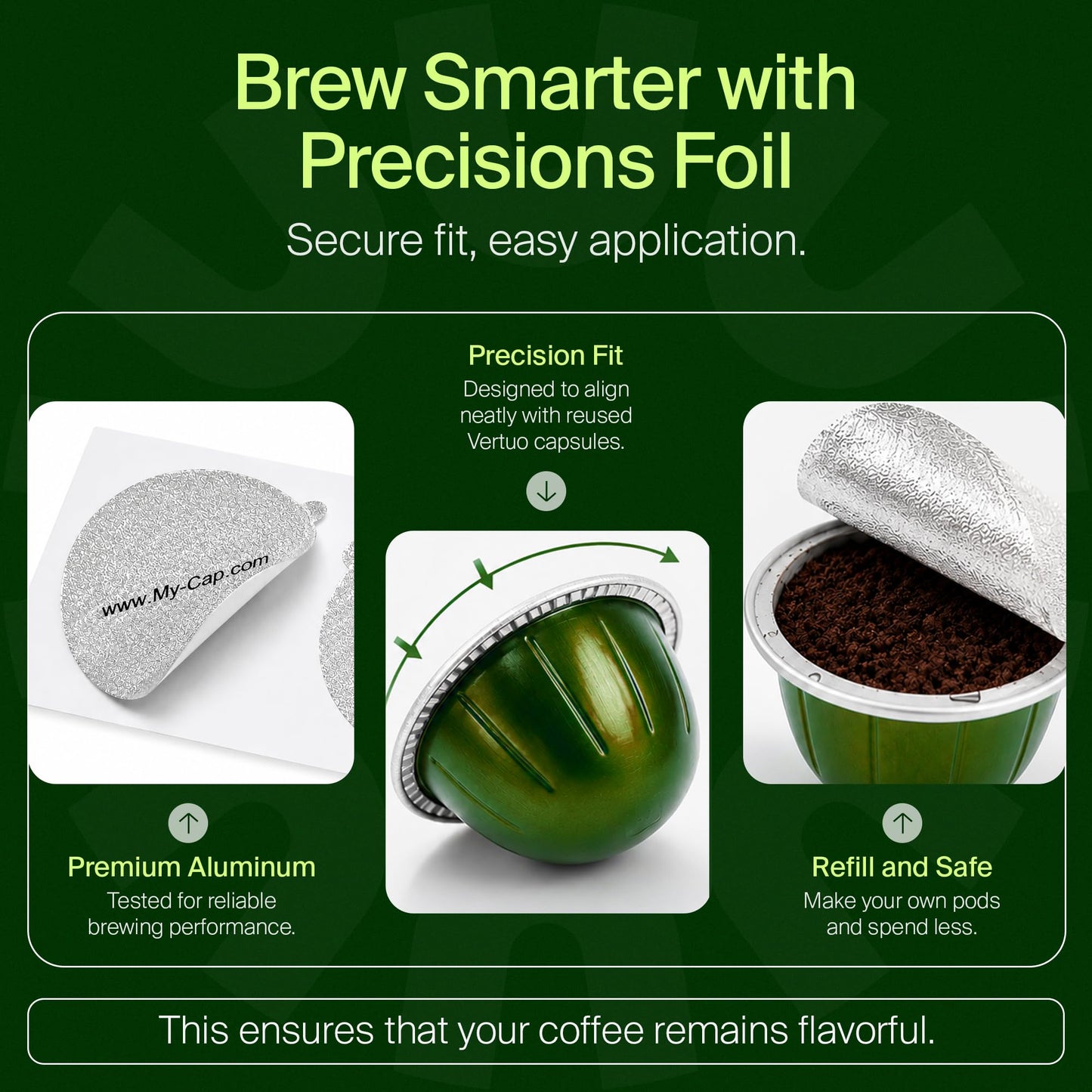 My-Cap Foil Seals for Nespresso Vertuo Pods - Reusable Aluminum Lids to Extend Life of Nespresso VertuoLine Capsules (Pack of 100)