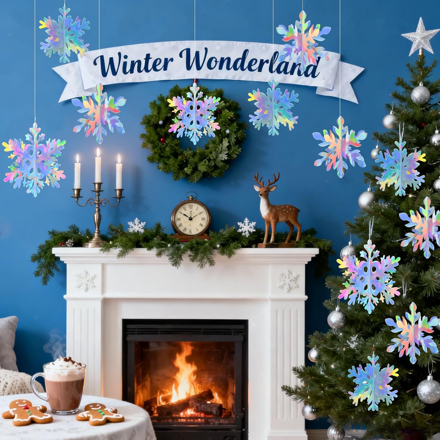 Skiennix 18 Pcs Snowflake Decorations - 3D Iridescent Hanging Ornaments for Winter Wonderland Decor